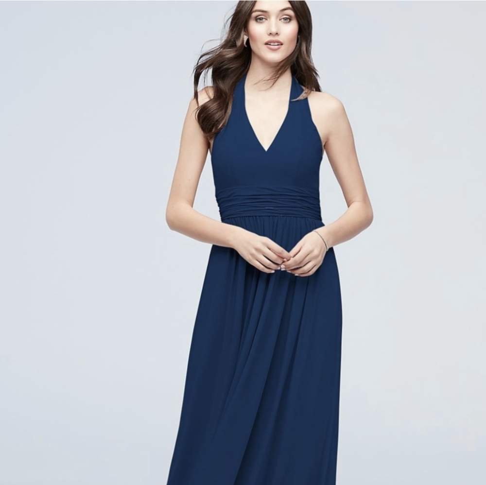 2 Tie Back Halter Ruched Waist Navy Maxi Dress